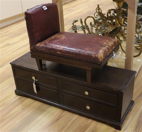 A mahogany small low chest fitted four drawers and a hide-covered gout stool (a.f.), H 26cm W 80cm